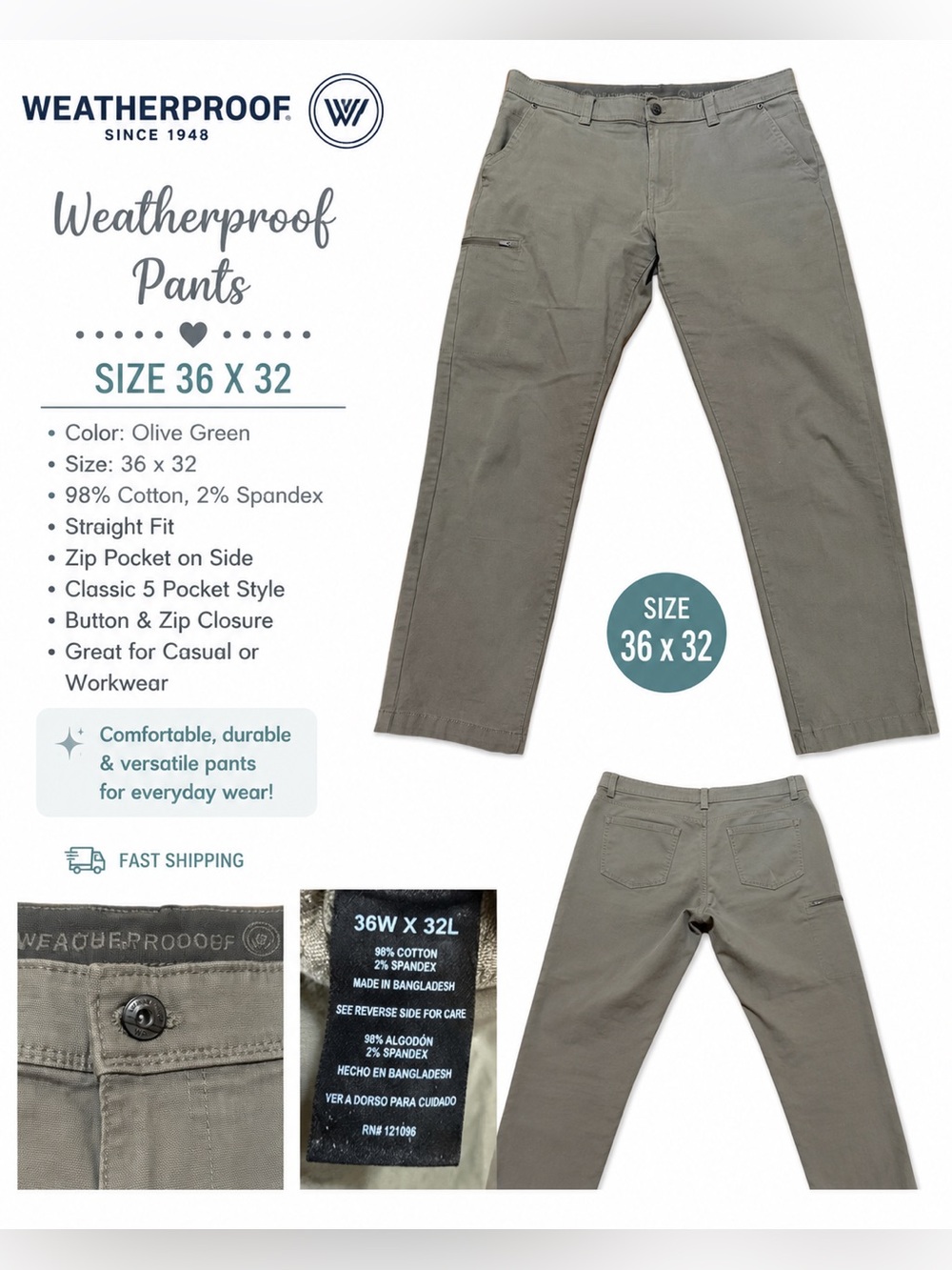 Weatherproof Olive Green Straight Fit Men’s Chinos 36x32